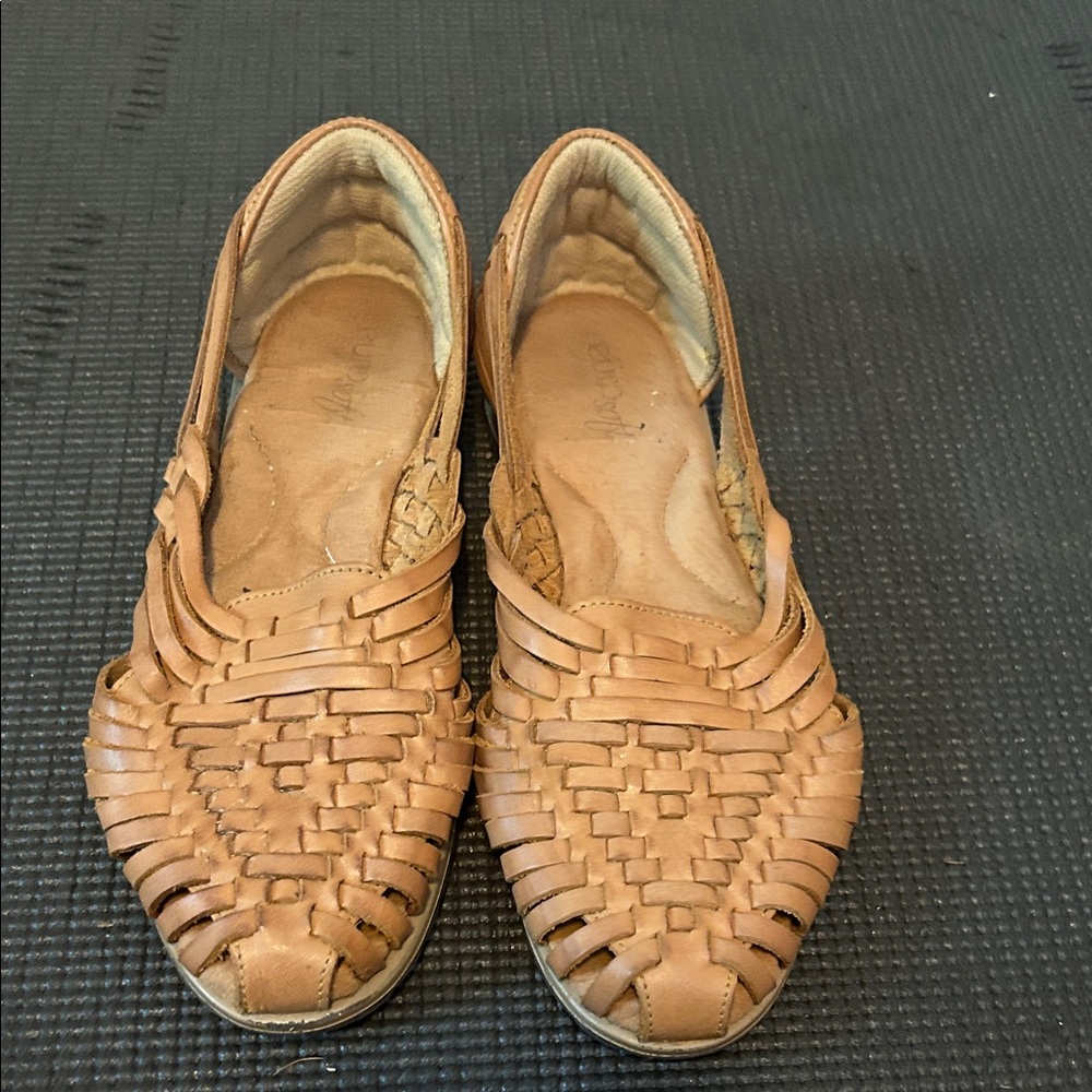 Woven Leather Slip-On Flats in Tan